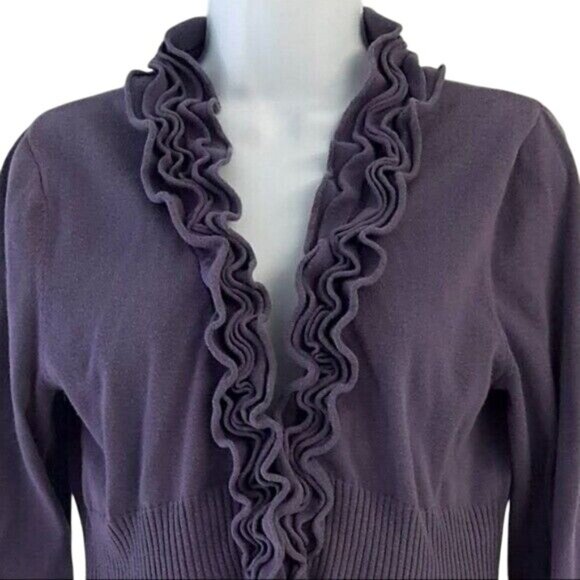 ELLE Womens Cardigan Sweater Purple Size Small Cutout Ribbed Ruffle Long Sleeve - Picture 2 of 7